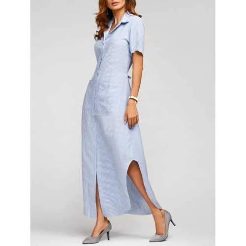 Summer Vertical Striped Maxi Shirt Dress - Cloudy S