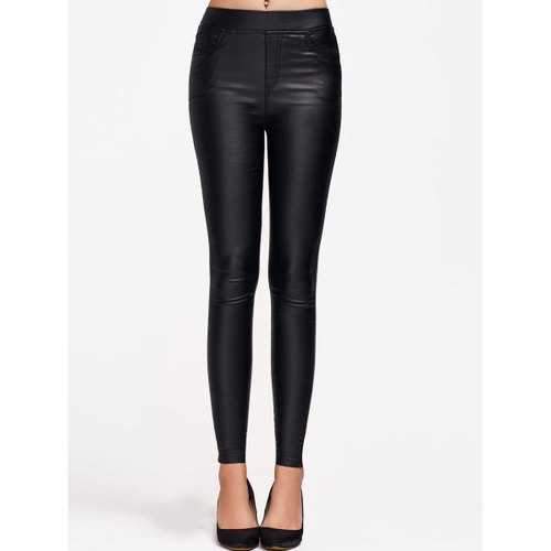 Faux Leather Elastic Waist Slimming Pants - Black M