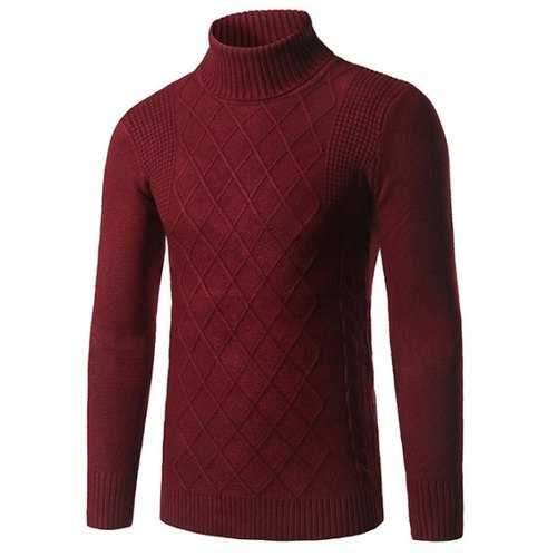 Slim Fit Roll Neck Rhombus Pattern Sweater - Burgundy 2xl