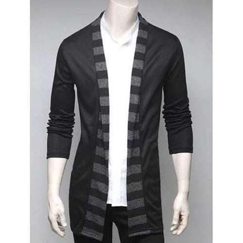 Stripe Design Turndown Collar Cardigan - Black Xl