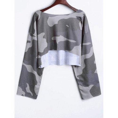 Camouflage Drop Shoulder Crop Top - Gray One Size