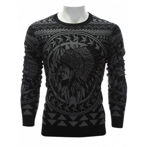 Crew Neck Ethnic Style Chief Graphic Sweater - Black 3xl