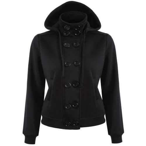 Double Breasted High Collar Hoodie Jacket - Black M