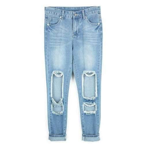 Destroyed Ripped  Pencil Jeans - Light Blue S