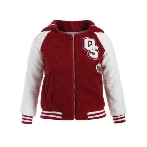 Plus Size Appliques Fleece Baseball Jacket - Burgundy 2xl