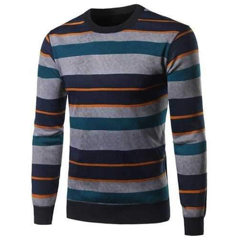 Crew Neck Color Block Spliced Stripe Sweater - L