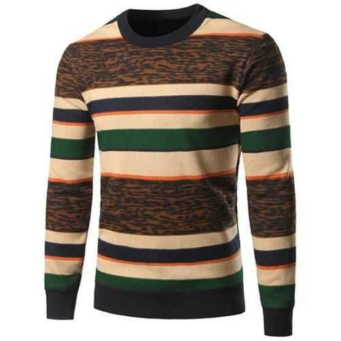 Crew Neck Color Block Leopard Spliced Stripe Sweater - 2xl