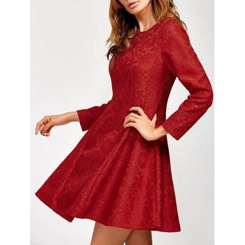 Lace Insert Fit and Flare Dress - Red L