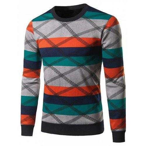 Crew Neck Color Block Spliced Cross Stripe Sweater - L