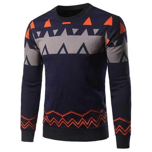 Crew Neck Waviness and Geometric Graphic Sweater - Cadetblue Xl