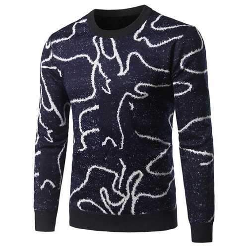 Crew Neck Irregular Geometric Pattern Sweater - Cadetblue L