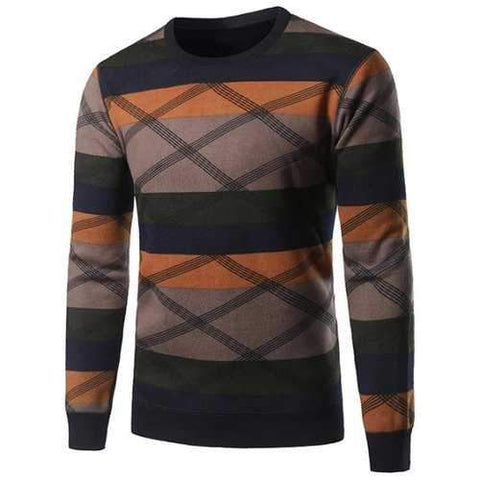 Crew Neck Color Block Splicing Cross Stripe Sweater - Earthy L