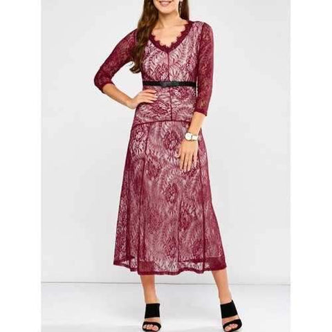 Floral Lace A Line Long Prom Dress - Wine Red Xl