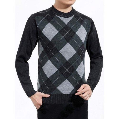 Color Block Argyle Crew Neck Sweater - Blackish Green M