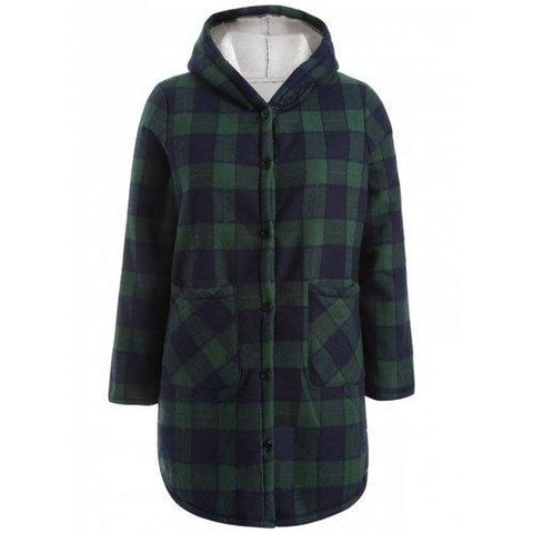 Hooded Checked Borg Lined Coat - Blue And Green 3xl