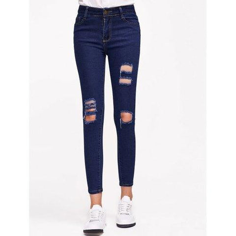 Distressed Stretchy Pocket Design Jeans - Deep Blue 30