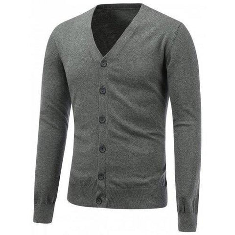 V Neck Button Up Flat Knitted Cardigan - Deep Gray M