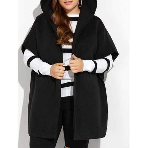 Hooded Open Front Wool Cape Coat - Black 3xl