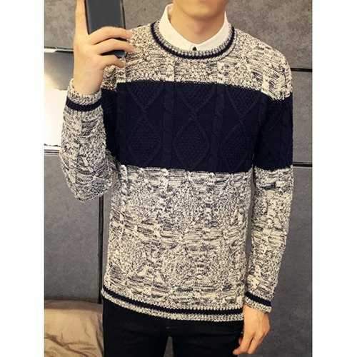 Rhombus Pattern Contrast Color Crew Neck Sweater - Gray M