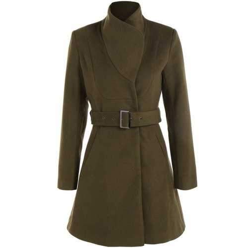 High Neck Belted Skater Coat - Army Green Xl