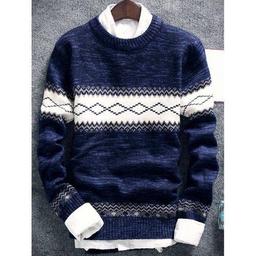 Geometric Pattern Space Dye Crew Neck Sweater - Cadetblue L