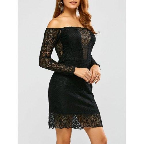 Off Shoulder Long Sleeve Lace Short Club Dress - Black M