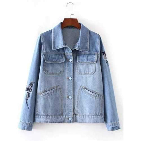 Bird Embroidery Jeans Jacket - Light Blue L