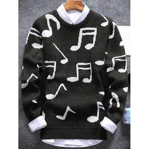 Music Note Pattern Crew Neck Sweater - Army Green 2xl