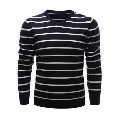 V Neck Contrast Striped Sweater - Purplish Blue Xl