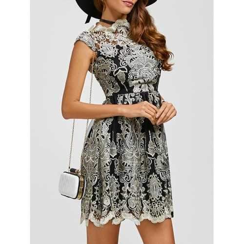 Arab Totem Embroidery High Waist Lace Skater Dress - Black S