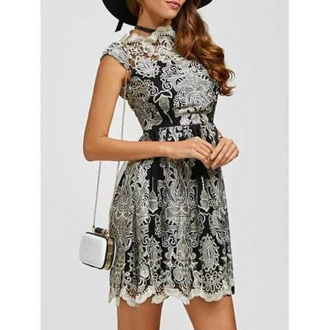 Arab Totem Embroidery High Waist Lace Skater Dress - Black S