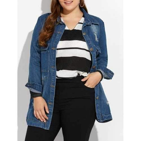 Plus Size Distressed Button Up Denim Coat - Deep Blue Xl