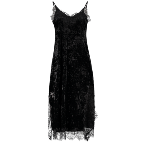 Spaghetti Strap Lace Trim Velvet Dress - Black S