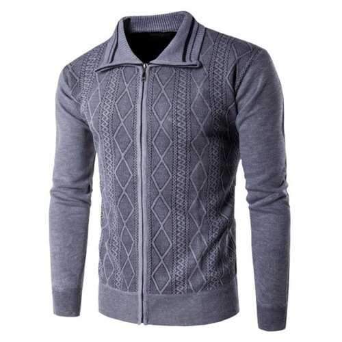 Turndown Collar Argyle Kink Design Zip Up Cardigan - Gray 2xl