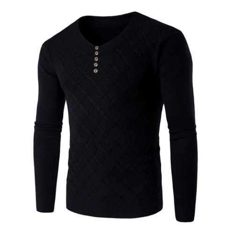 V Neck Buttons Argyle Kink Design Knitting Sweater - Black M