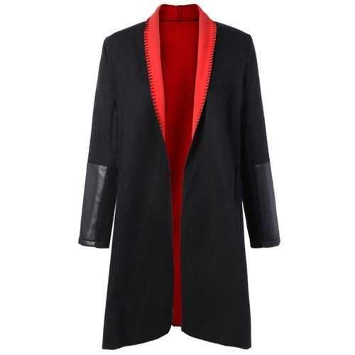 Plus Size PU Leather Splicing Double Pocket Coat - Red 2xl