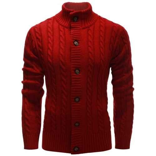 High Neck Button Up Twist Knit Cardigan - Red Xl