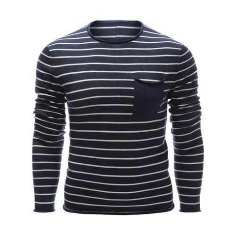 Round Neck Chest Pocket Striped Sweater - Cadetblue L