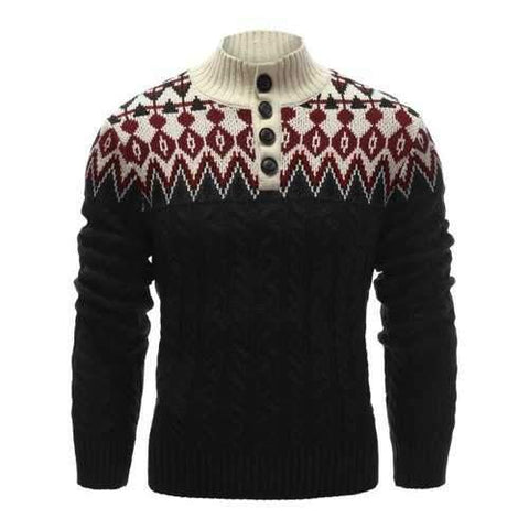 Zigzag Pattern Button Up Cable Knit Sweater - Black M