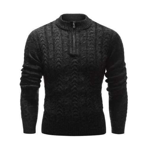 Stand Collar Half Zip Up Cable Knit Sweater - Black M