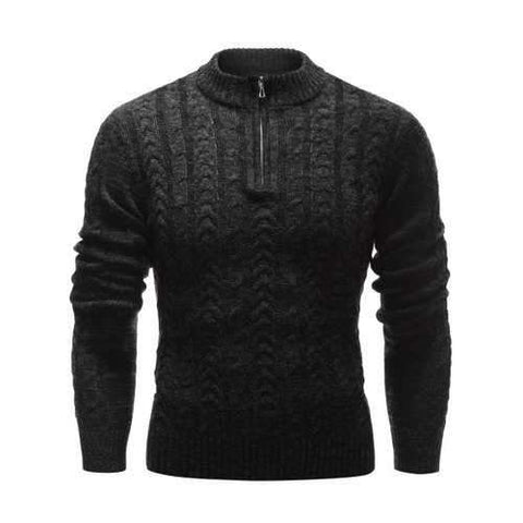 Stand Collar Half Zip Up Cable Knit Sweater - Black M