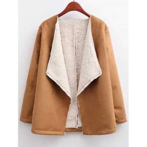 Open Front Long Shearling Coat - Brown M