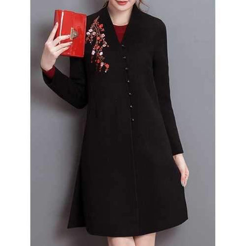 Embroidery Fit and Flare Woolen Blend Coat - Black M