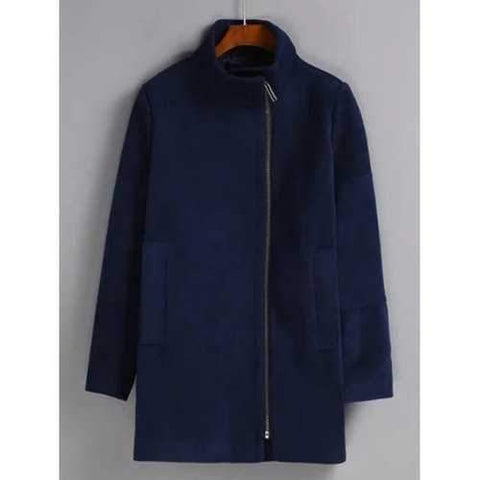 Solid Color Oversized Long Wool Coat - Purplish Blue L