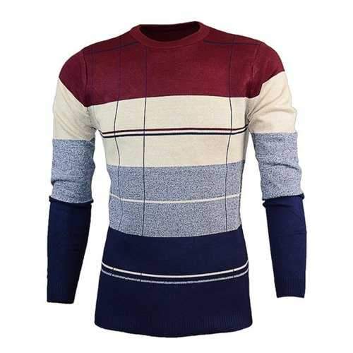 Crew Neck Color Block Pullover Knitwear - Wine Red 2xl