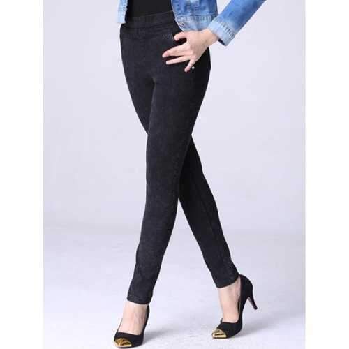 Elastic Waist Fleece Denim Pencil Pants - Black Xl