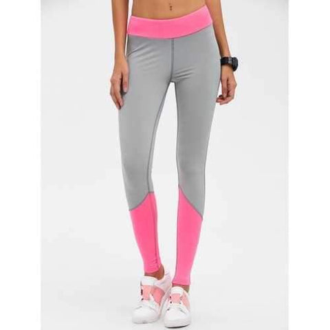 High Waist Color Block Skinny Sports Leggings - Rose Red L