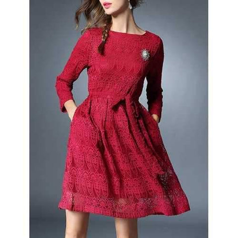 Bowknot Long Sleeve Lace Dress With Brooch - Red 2xl