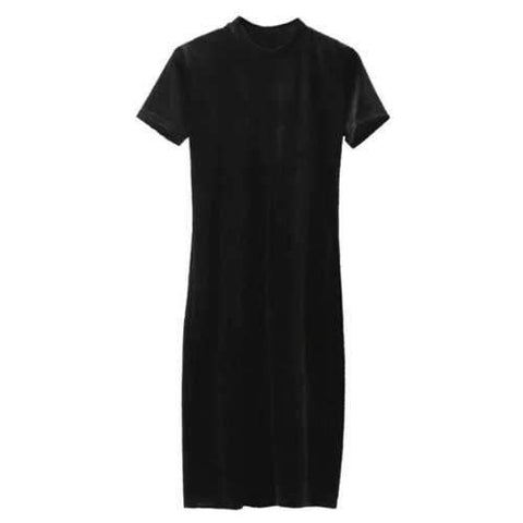 Short Sleeve Velvet Knee Length Dress - Black M