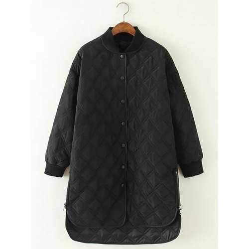 High Low Long Winter Argyle Padded Coat Jacket - Black M